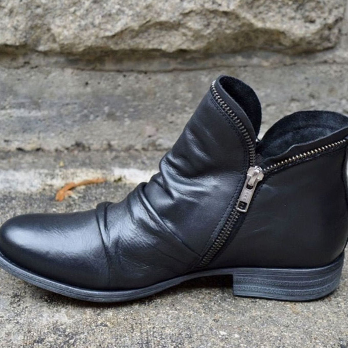 Willow Women's Ruched Leather Side Zip Low Block Heel Ankle Boots, view 1