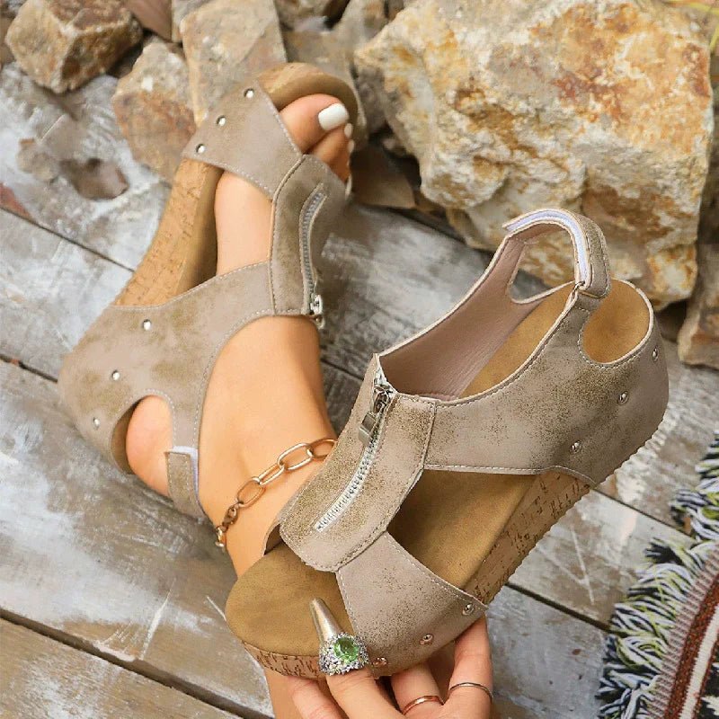 Maeve Women's Cork Look Front Zip Wedge Sandals, view 10