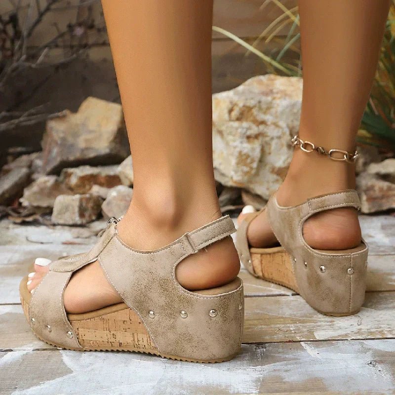 Maeve Women's Cork Look Front Zip Wedge Sandals, view 4