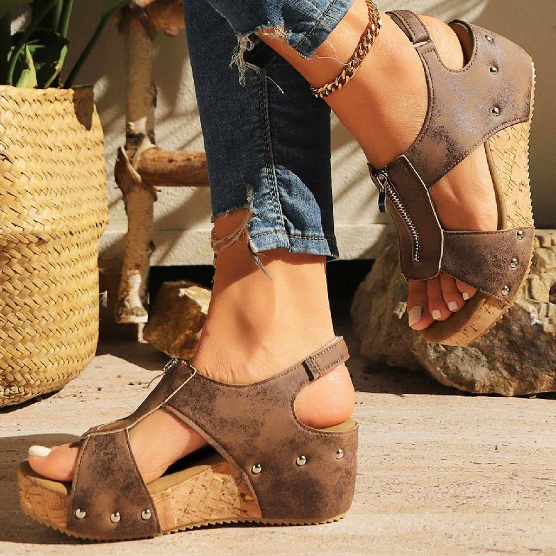 Maeve Women's Cork Look Front Zip Wedge Sandals, view 6