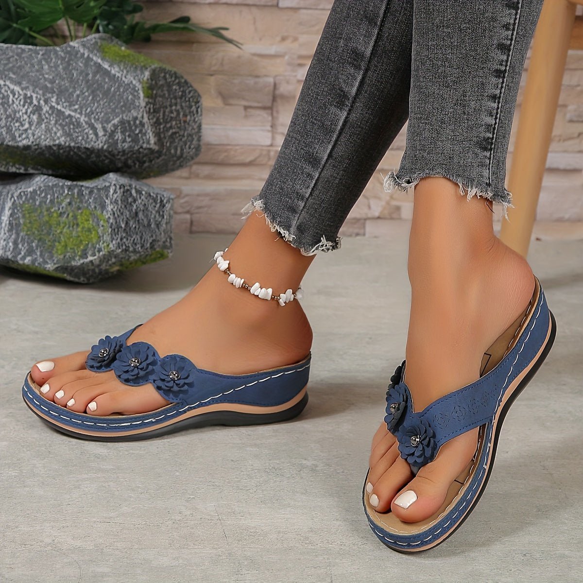 Elsie Women's Faux Leather Floral Toe Post Sandals, view 11