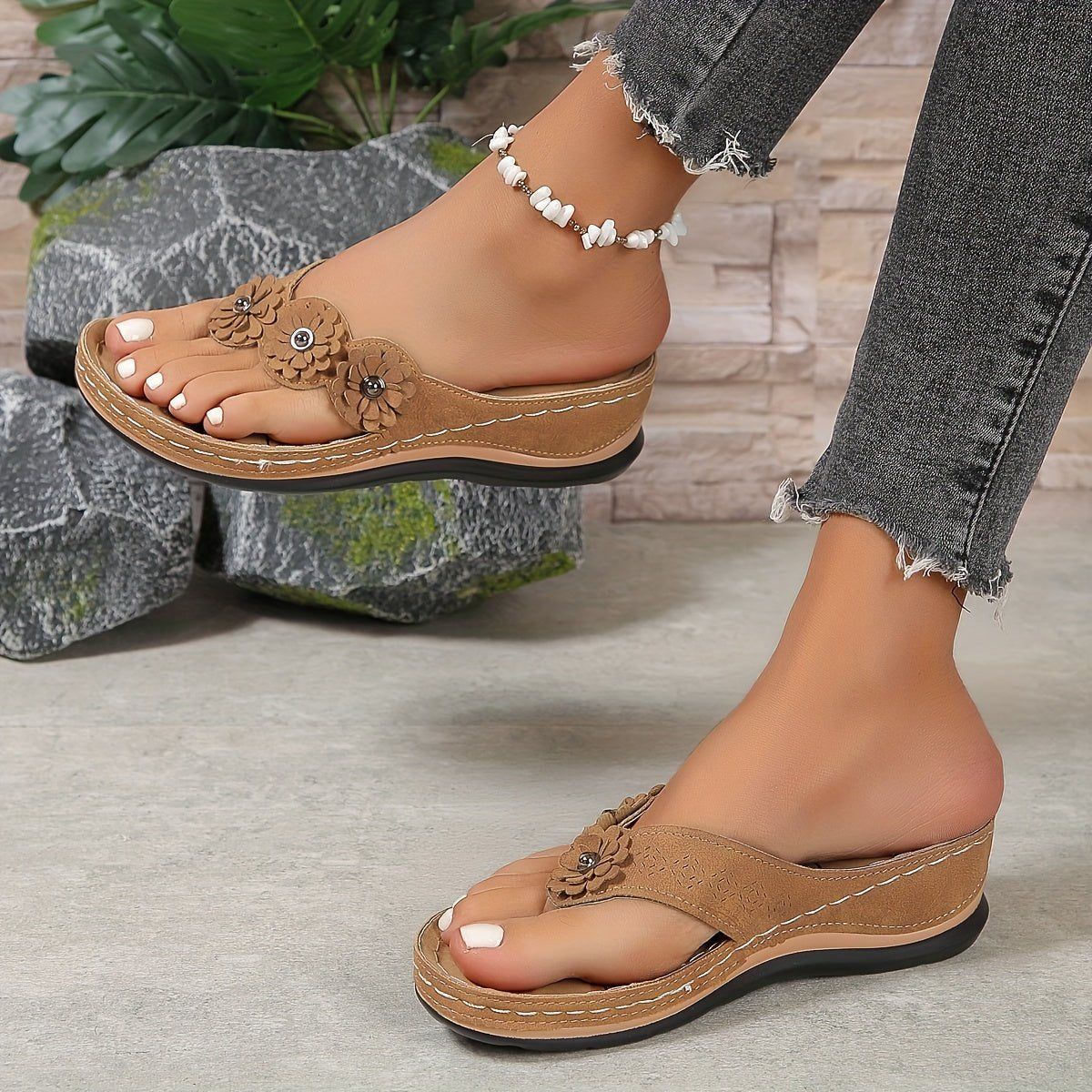 Elsie Women's Faux Leather Floral Toe Post Sandals, view 6