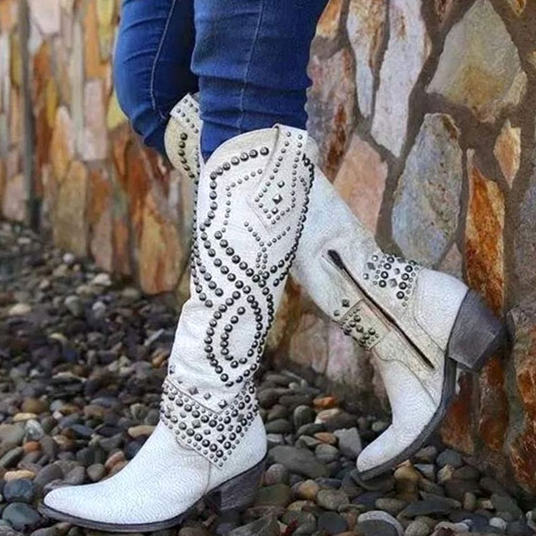Esme Women's Studded Pointed Toe Knee High Western Boots, view 4