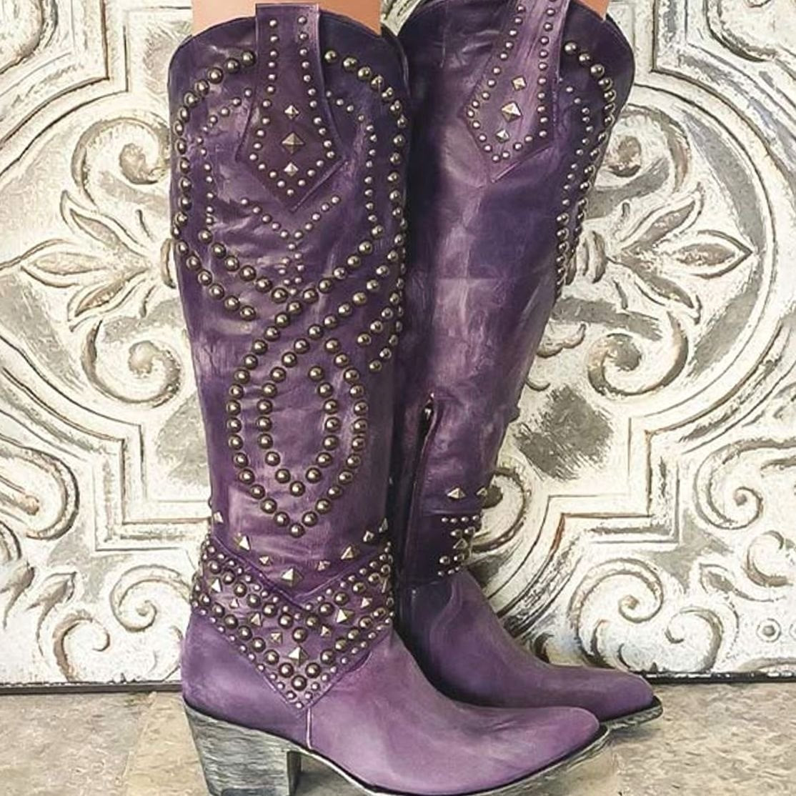 Esme Women's Studded Pointed Toe Knee High Western Boots, view 5