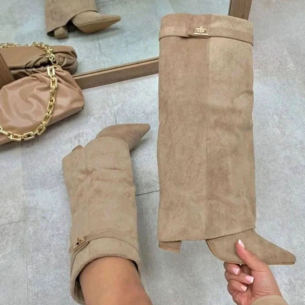 Celeste Women's Suede Pointed Toe Wedge Heel Thigh High Boots, view 5