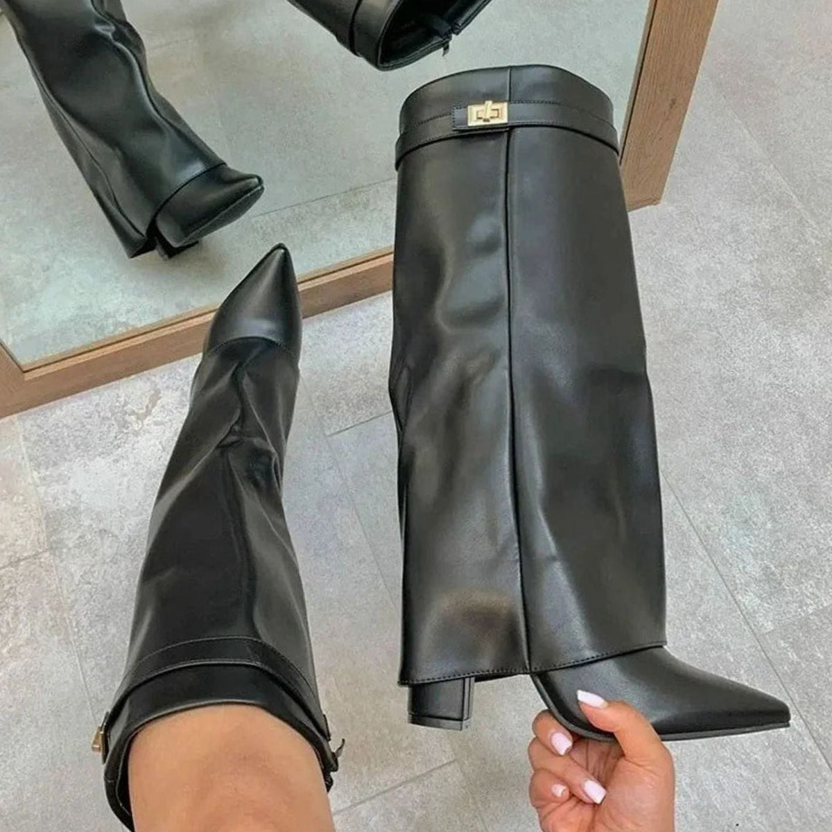 Celeste Women's Suede Pointed Toe Wedge Heel Thigh High Boots, view 8