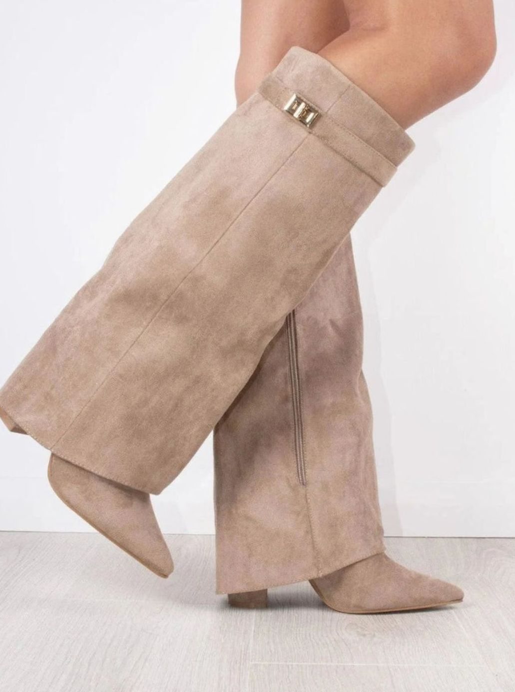 Juno Women's Suede Pointed Toe Gold Tone Buckle Thigh High Boots, view 6
