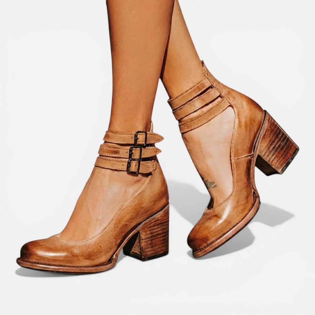 Poppy Women's Leather Look Double Buckle Block Heel Ankle Boots, view 1