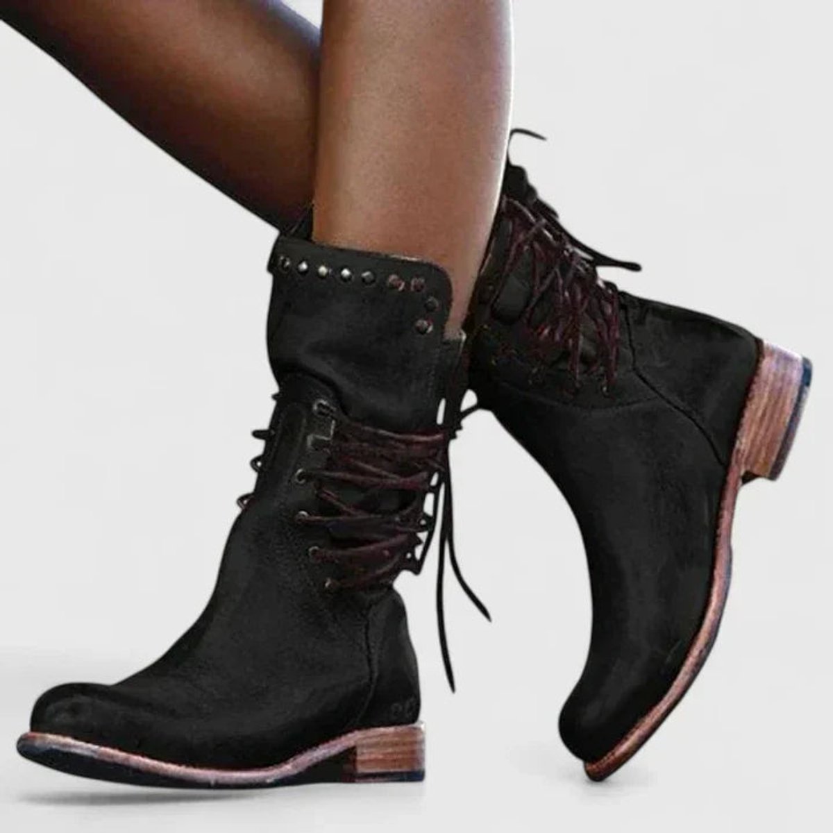 Imogen Women's Faux Leather Lace Up Studded Low Block Heel Knee High Boots, view 5