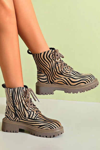 Cecily Women's Zebra Print Lace Up Chunky Sole Boots, view 3