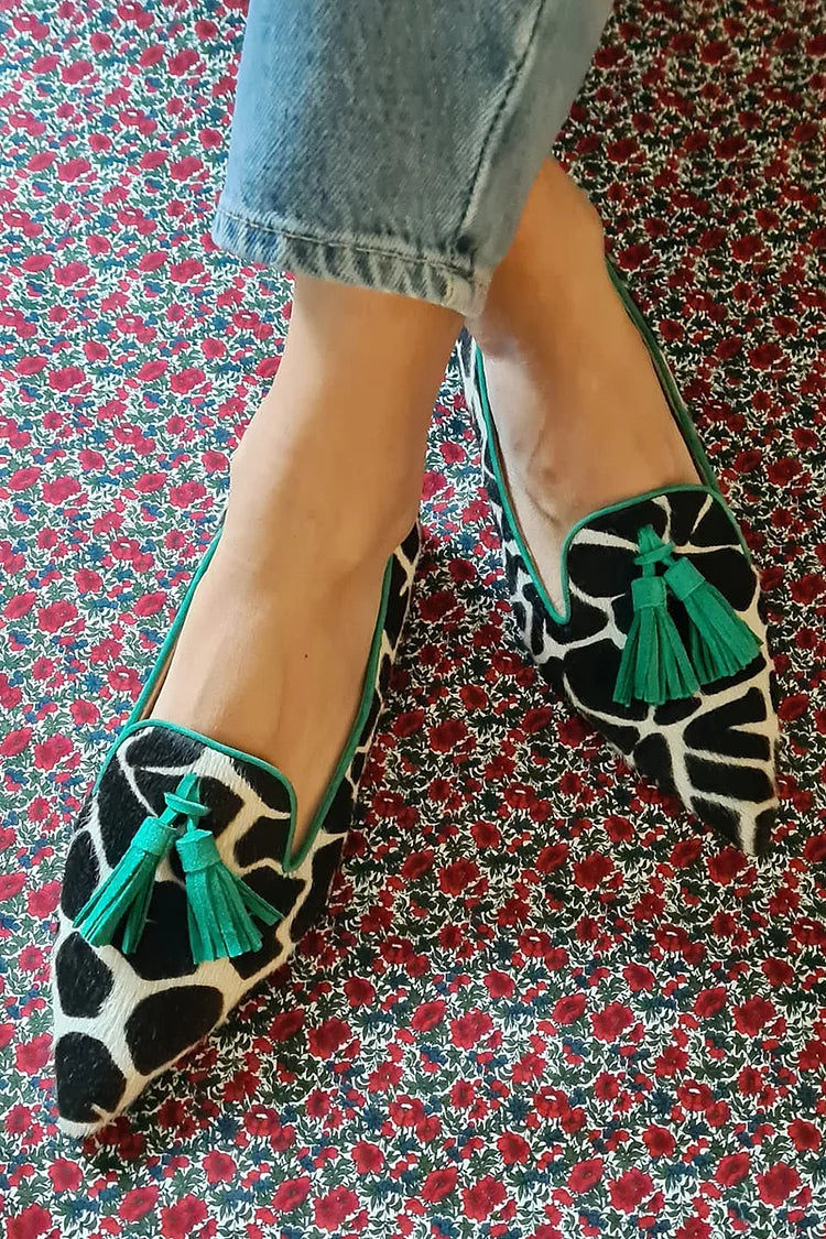 Capri Women's Pointed Toe Giraffe Print Fringed Loafers, view 1