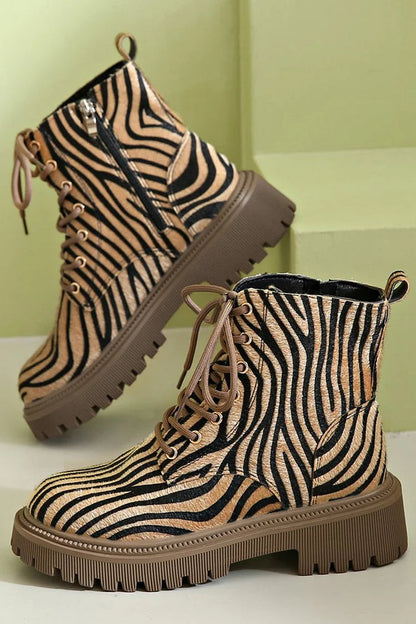 Cecily Women's Zebra Print Lace Up Chunky Sole Boots, view 1