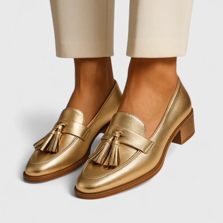 Syrelle Women's Gold Tassel Slip On Loafers, view 1