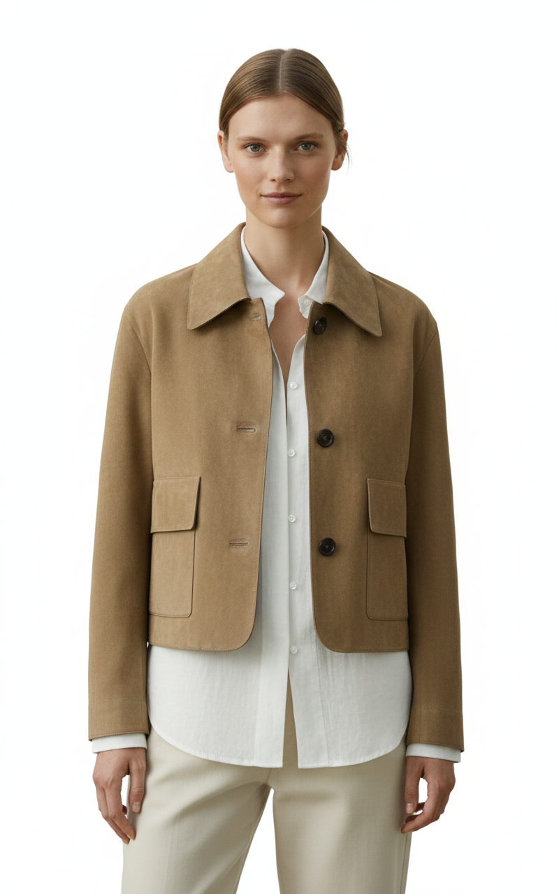 Women's Short Jacket in Beige Suede Fabric
