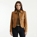 Women's Leather Jacket with Distinctive Collar and Pockets