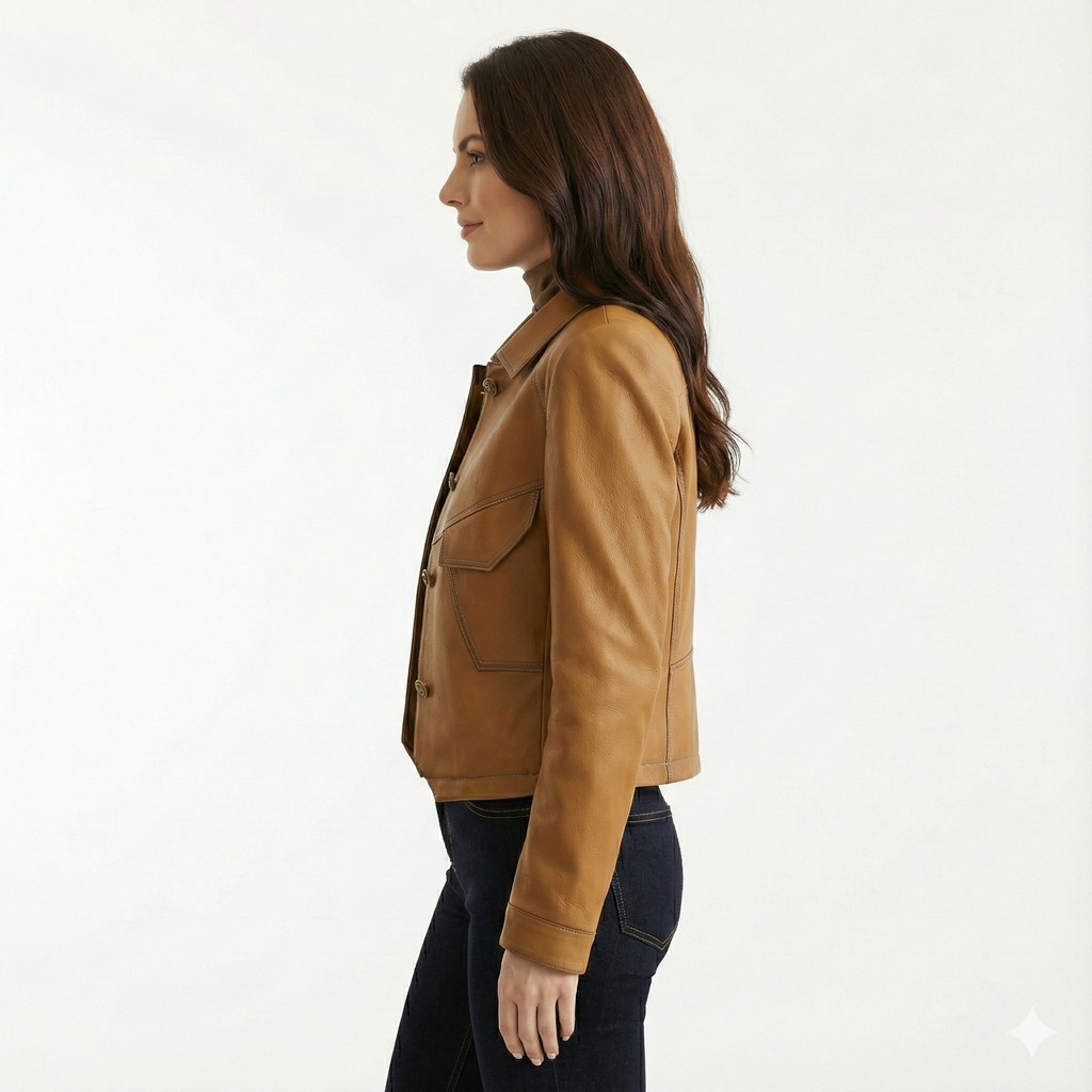 Women's Leather Jacket with Distinctive Collar and Pockets
