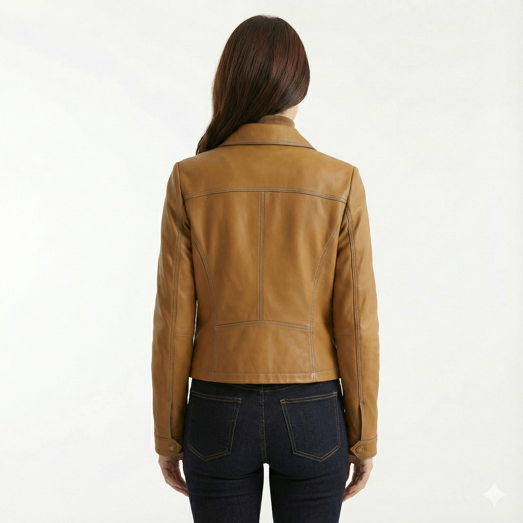 Women's Leather Jacket with Distinctive Collar and Pockets