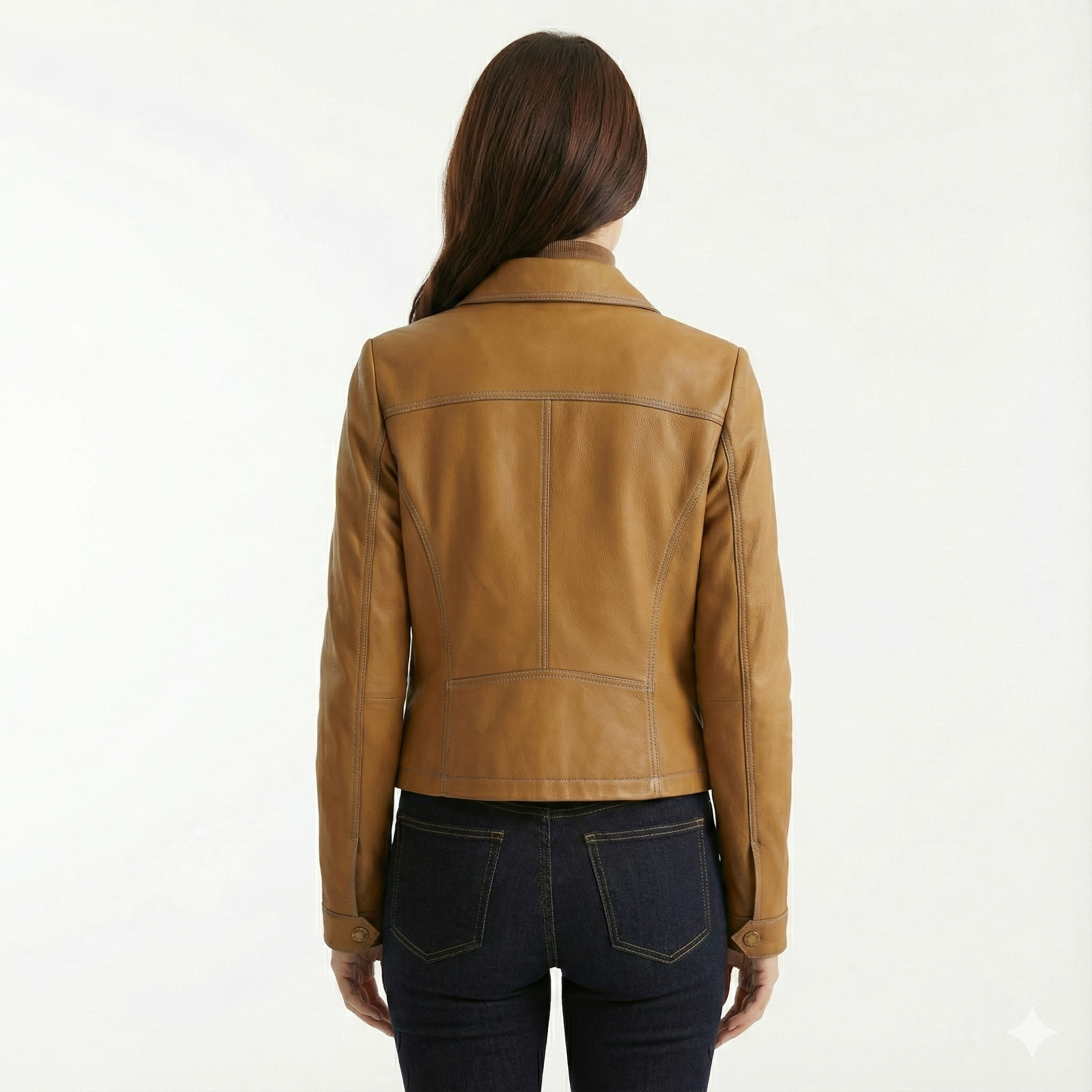 Women's Leather Jacket with Distinctive Collar and Pockets