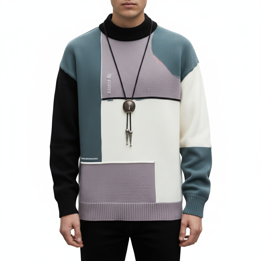 Men's Patchwork Sweater with Warm Knit and Relaxed Fit