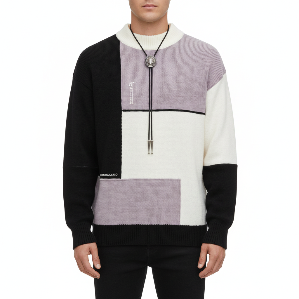 Men's Patchwork Sweater with Warm Knit and Relaxed Fit