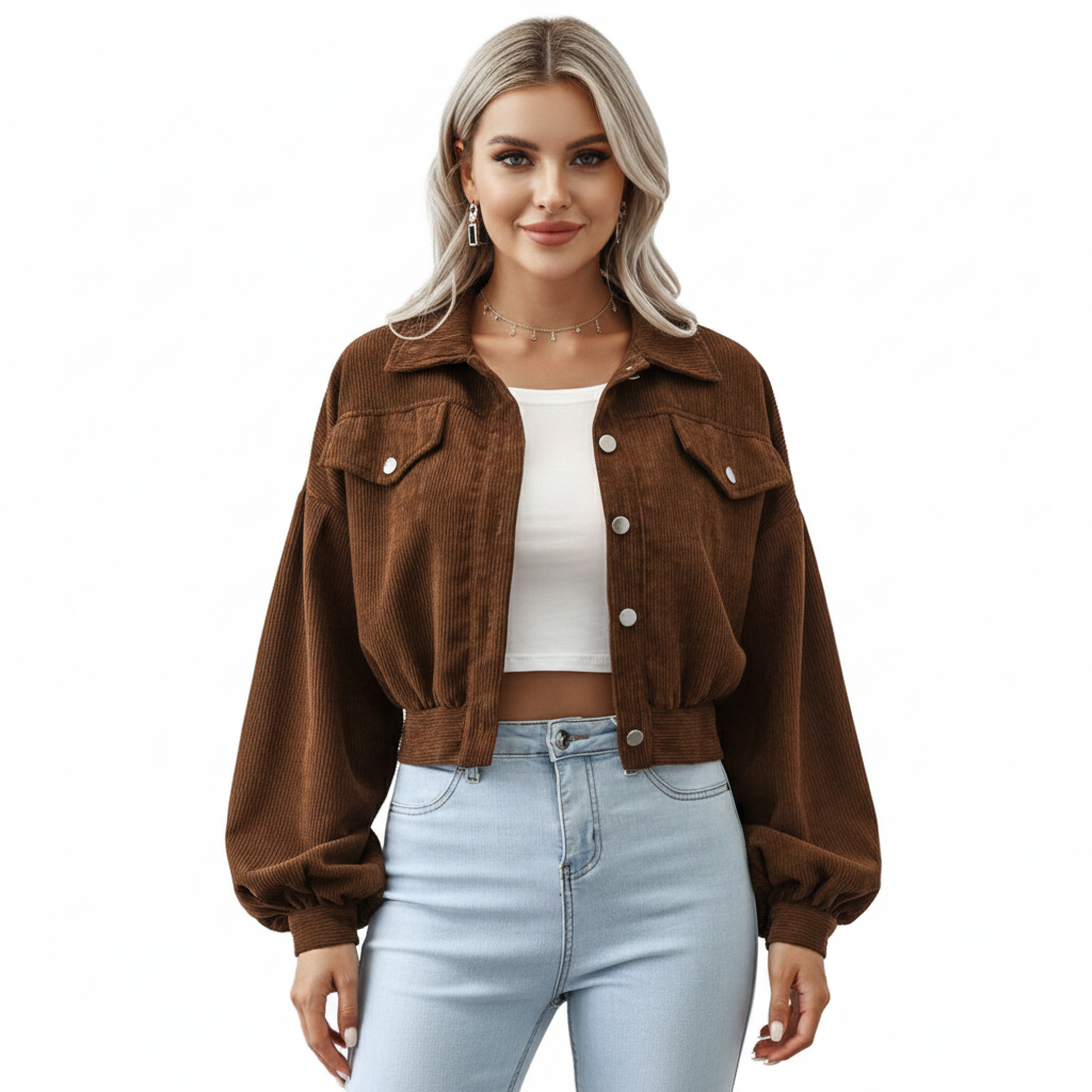 Women's Jacket with Short Cotton Velvet and Casual Style