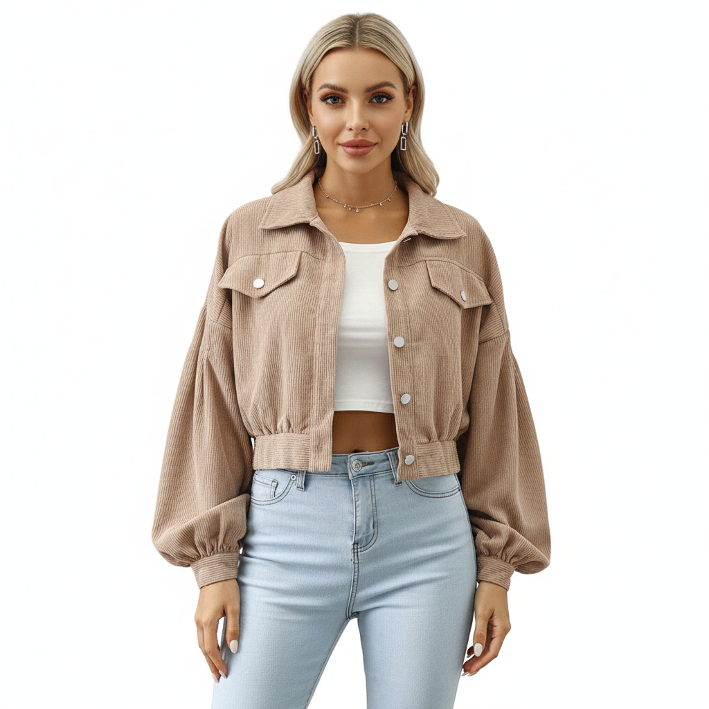 Women's Jacket with Short Cotton Velvet and Casual Style