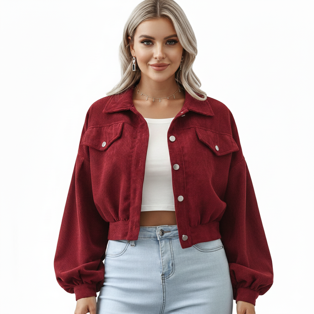 Women's Jacket with Short Cotton Velvet and Casual Style