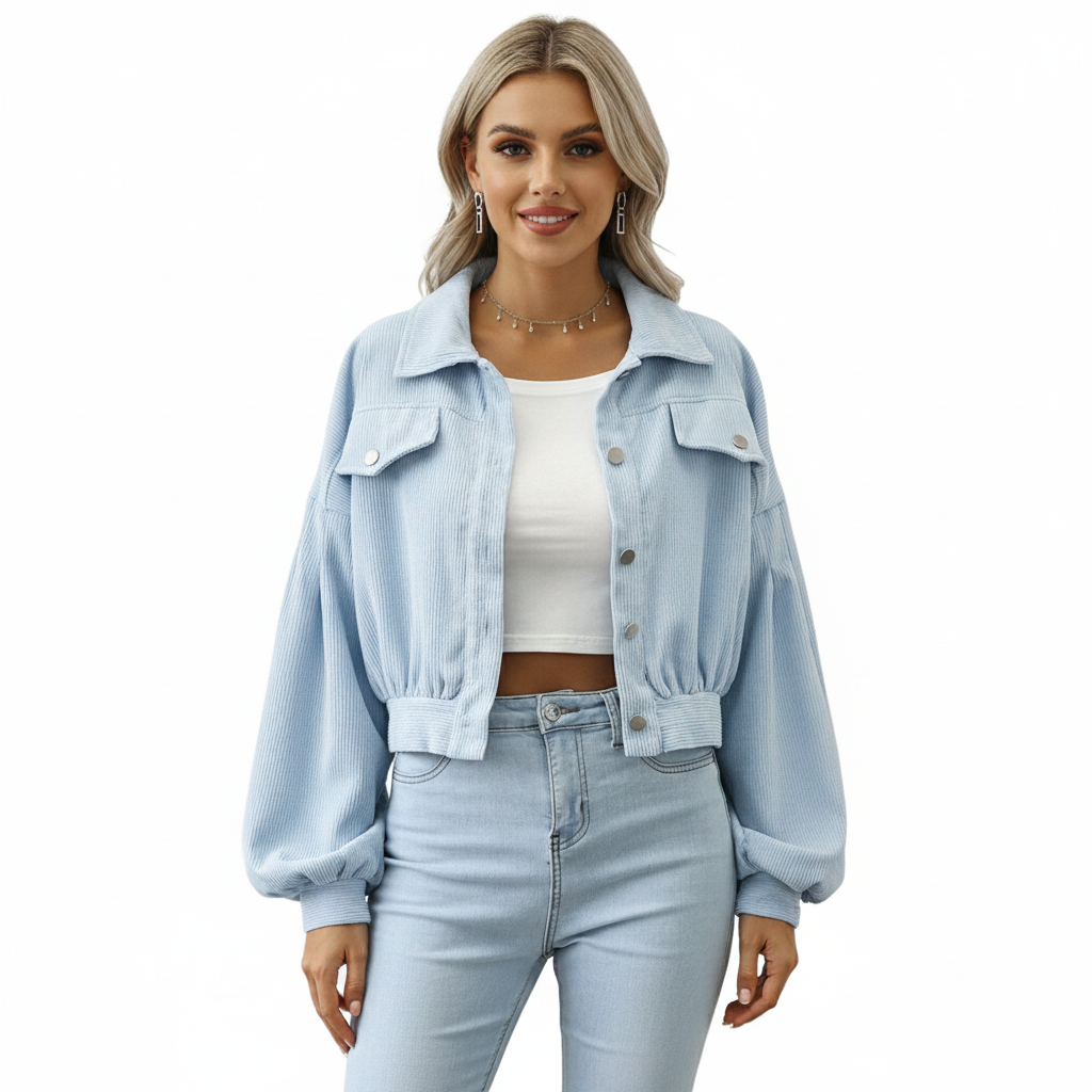 Women's Jacket with Short Cotton Velvet and Casual Style