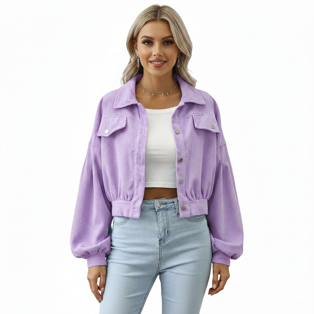 Women's Jacket with Short Cotton Velvet and Casual Style