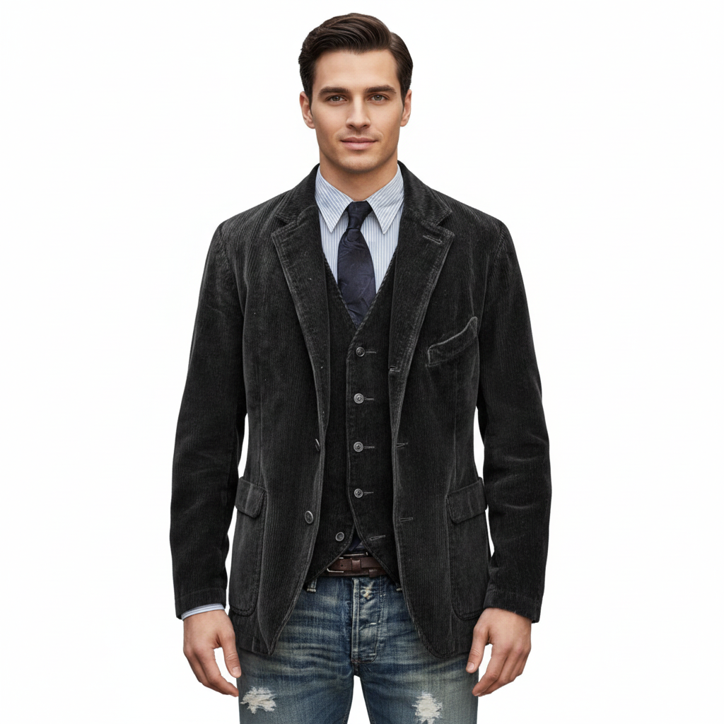 Men's Velvet Blazer with Striped Design and Waistcoat