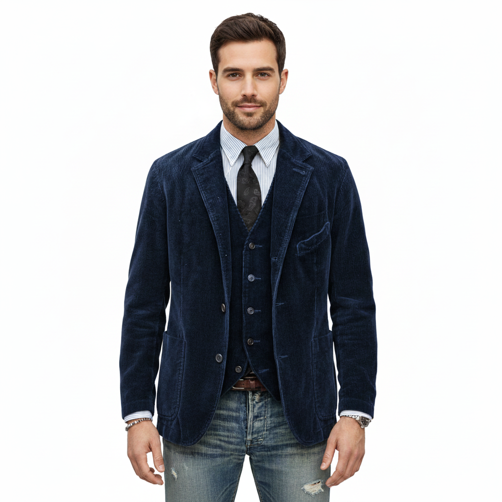 Men's Velvet Blazer with Striped Design and Waistcoat