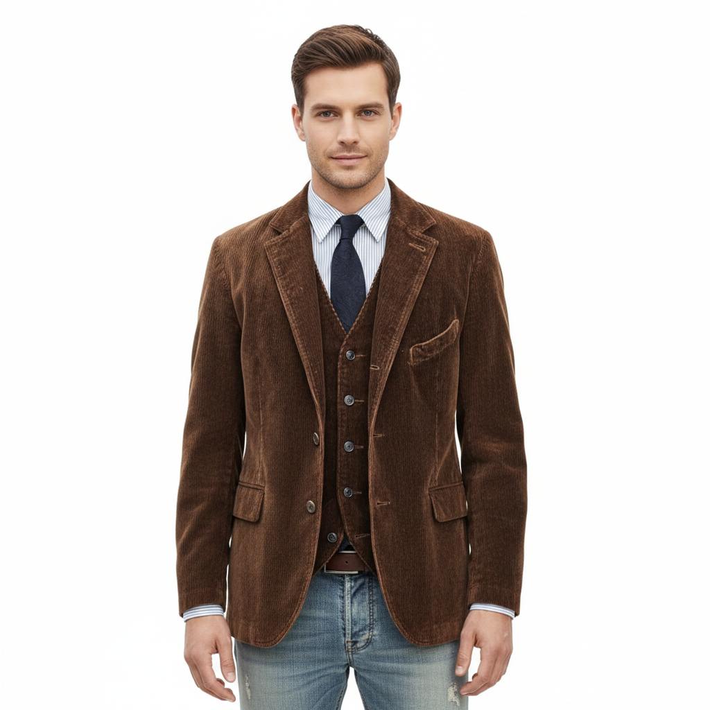 Men's Velvet Blazer with Striped Design and Waistcoat