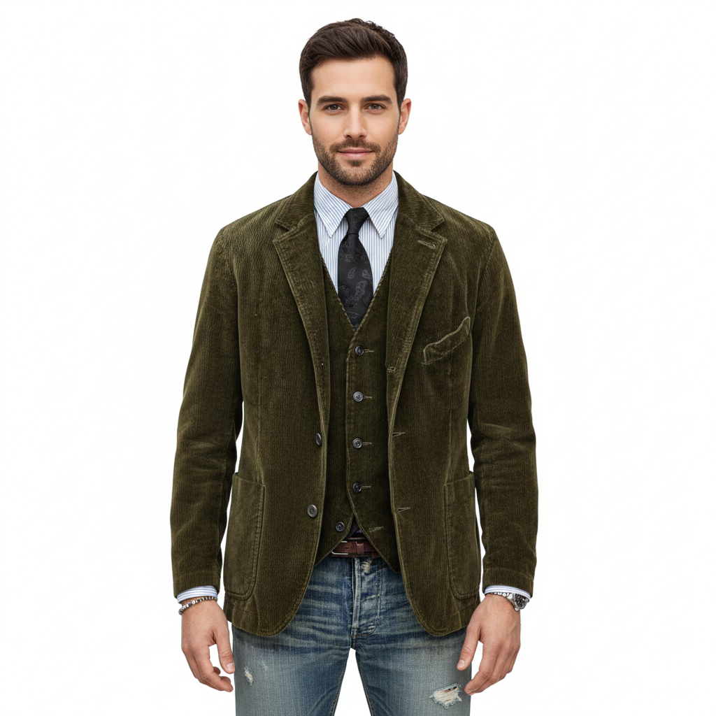 Men's Velvet Blazer with Striped Design and Waistcoat