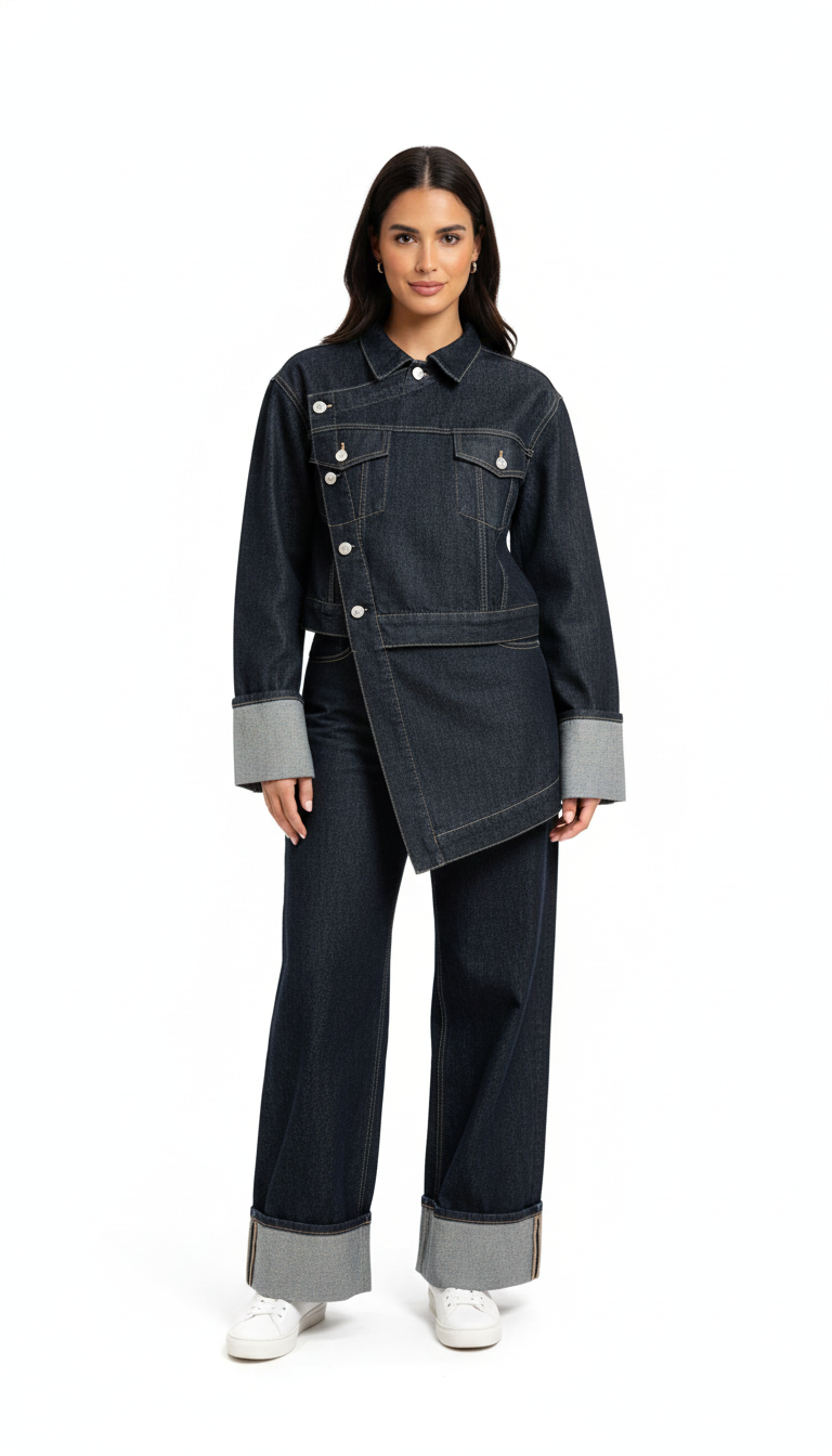 Women's Denim Set with Short Jacket and Wide Jeans