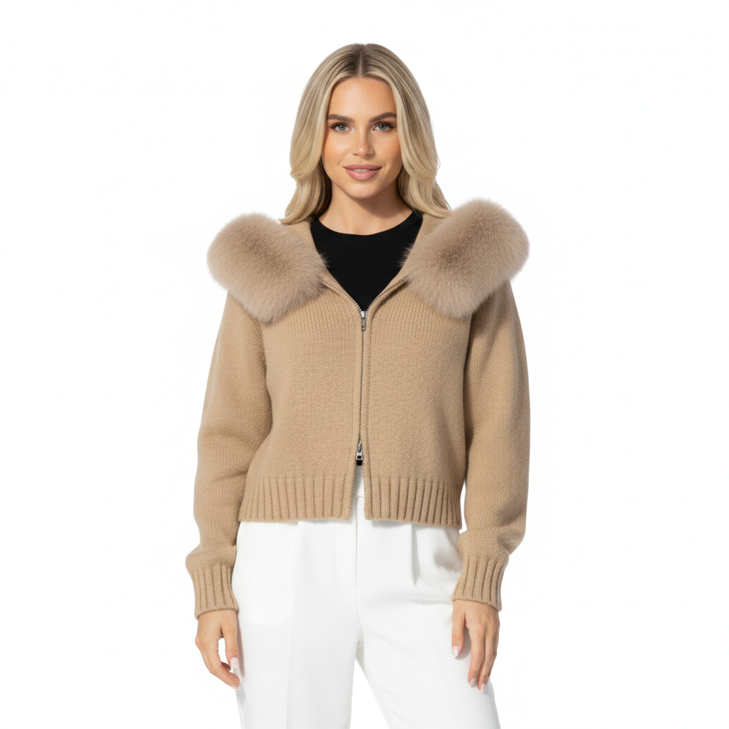 Women's Wool Jacket with Hood and Faux Fur Lining