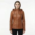 Women's Leather Jacket with Hood and Zip Closure