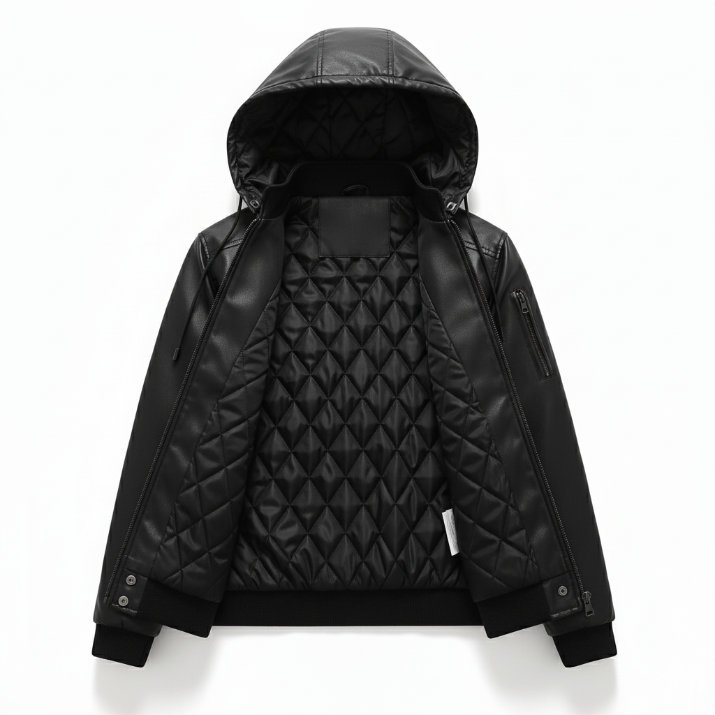 Men's Winter Leather Jacket with Hood and Thermal Insulation