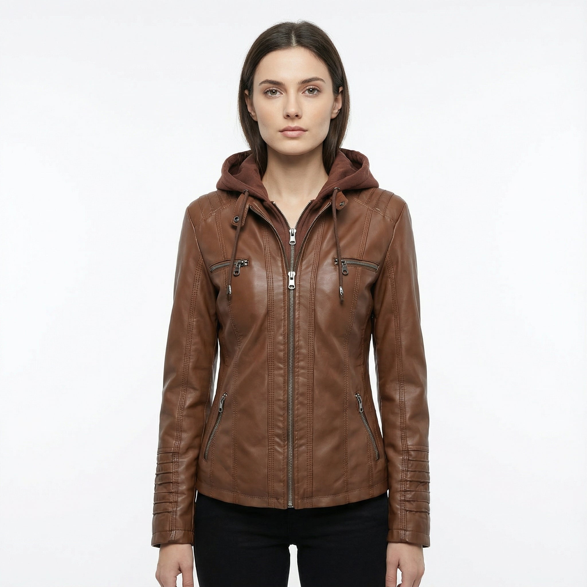 Women's Leather Jacket with Hood and Zip Closure