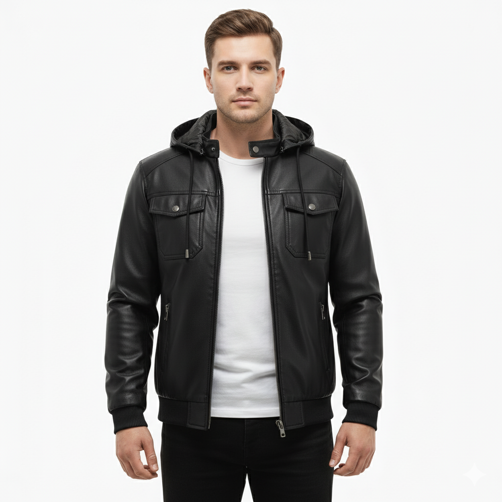 Men's Winter Leather Jacket with Hood and Thermal Insulation