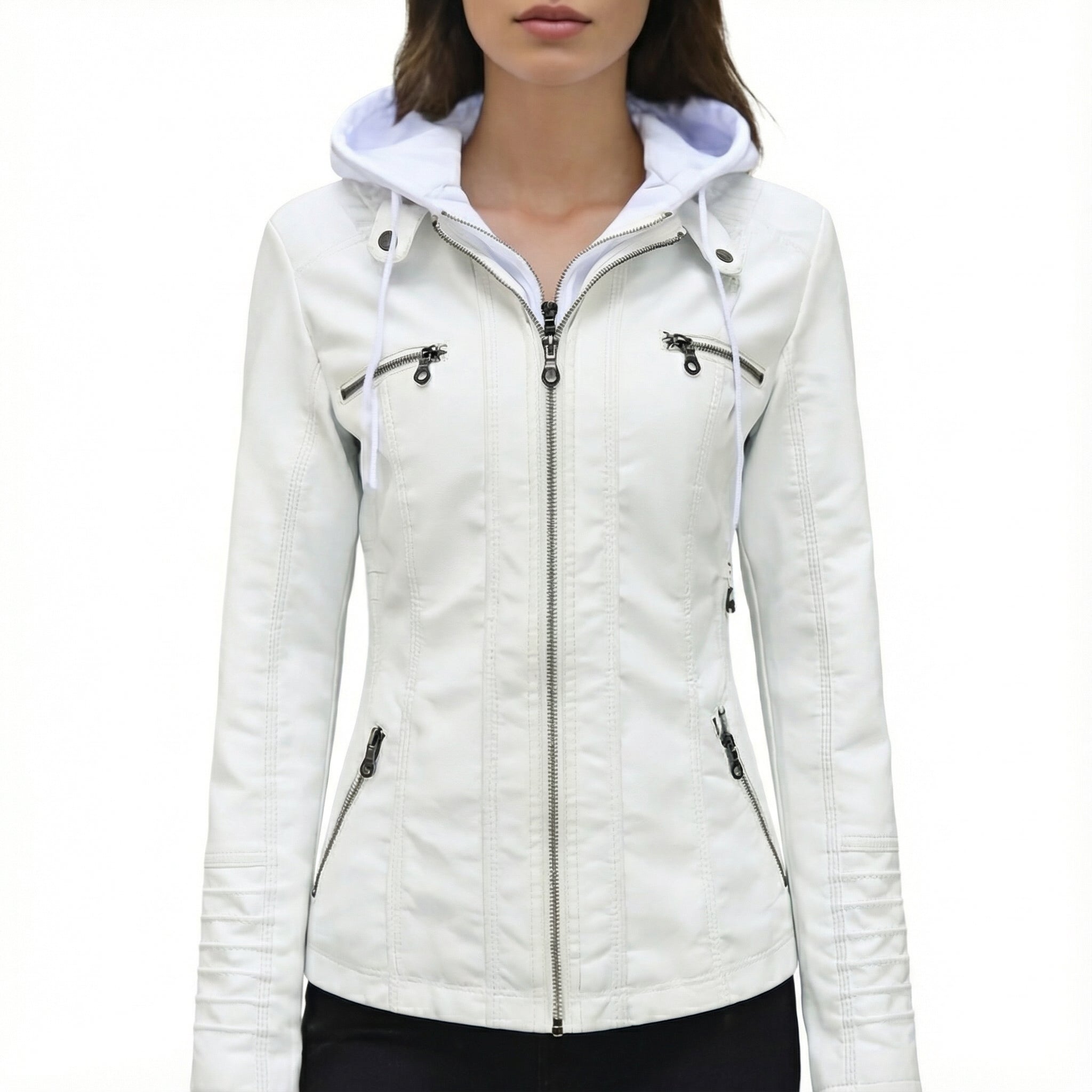 Women's Leather Jacket with Hood and Zip Closure