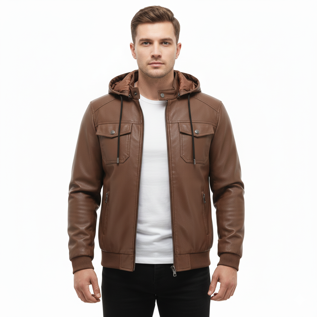 Men's Winter Leather Jacket with Hood and Thermal Insulation