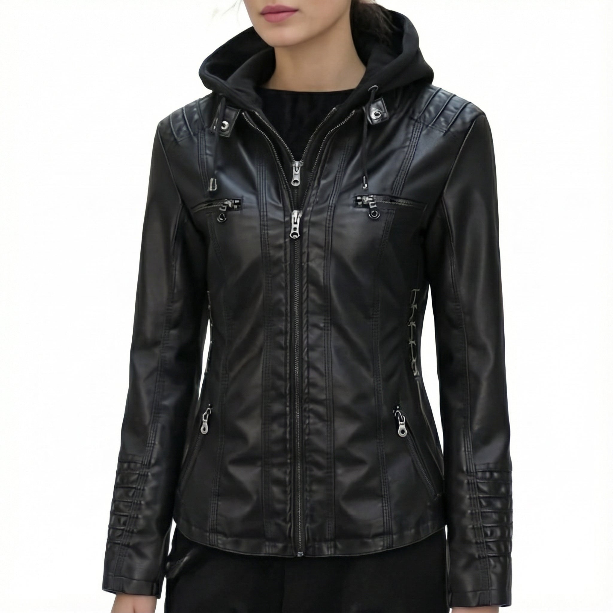 Women's Leather Jacket with Hood and Zip Closure