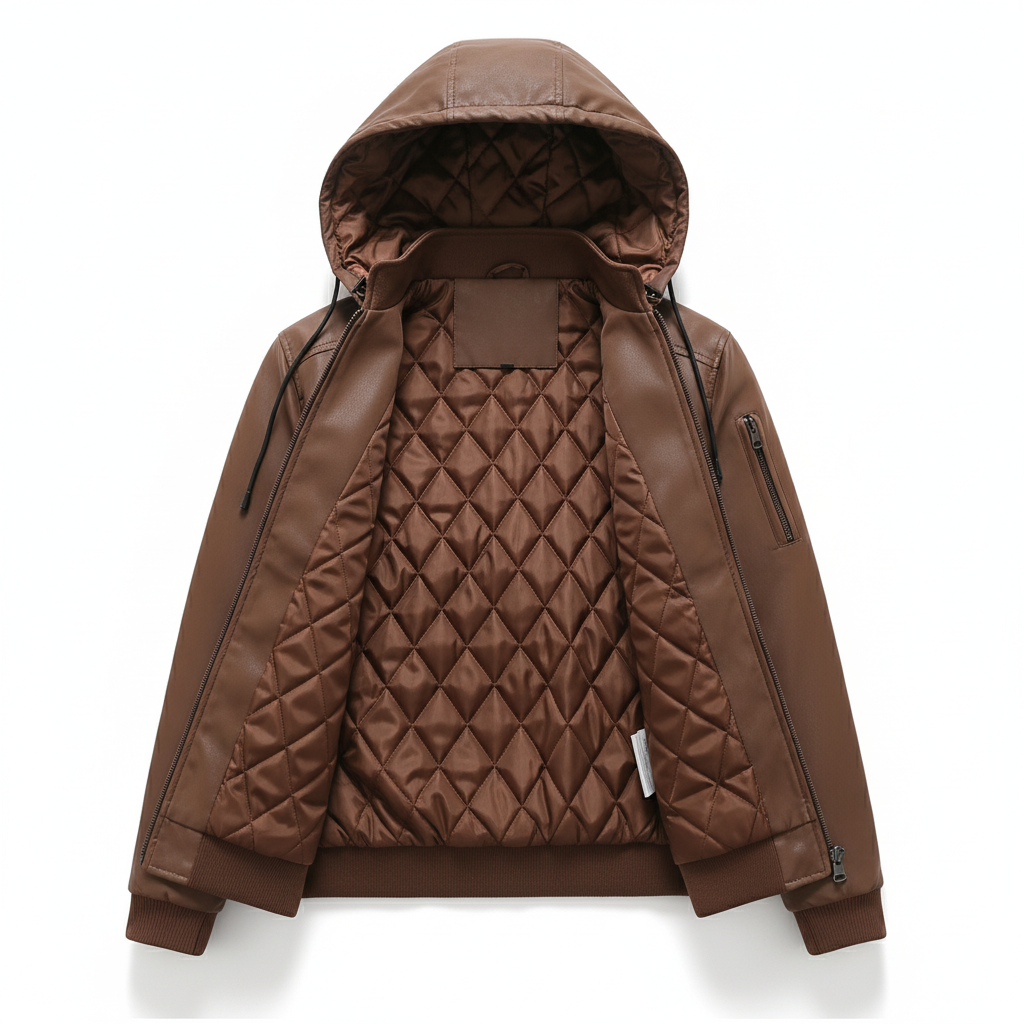 Men's Winter Leather Jacket with Hood and Thermal Insulation