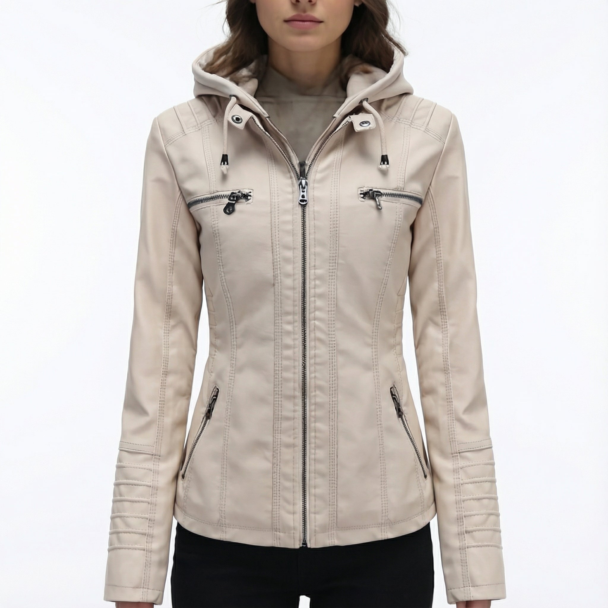 Women's Leather Jacket with Hood and Zip Closure
