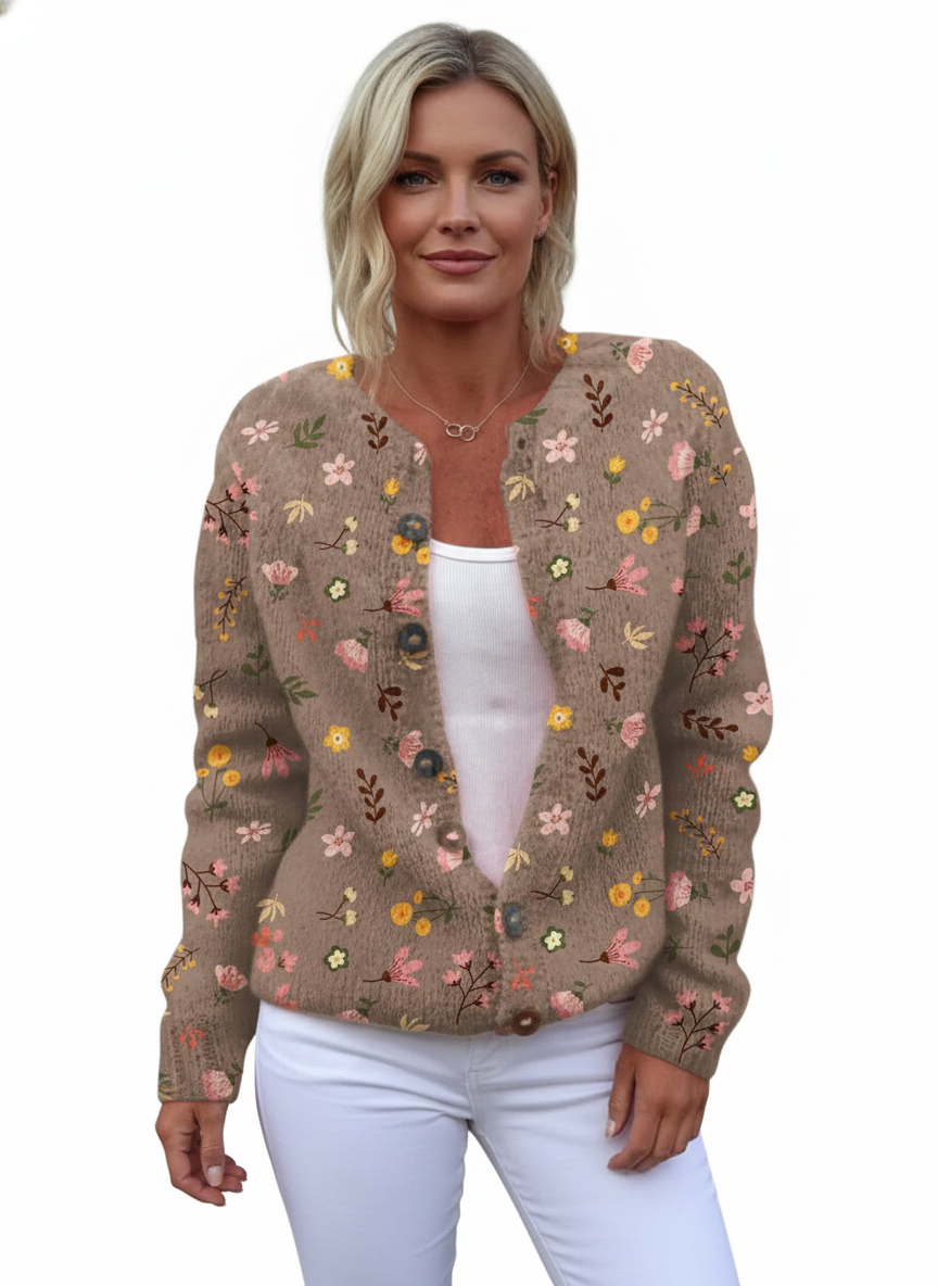 Women's Cardigan with Floral Pattern and Round Neckline