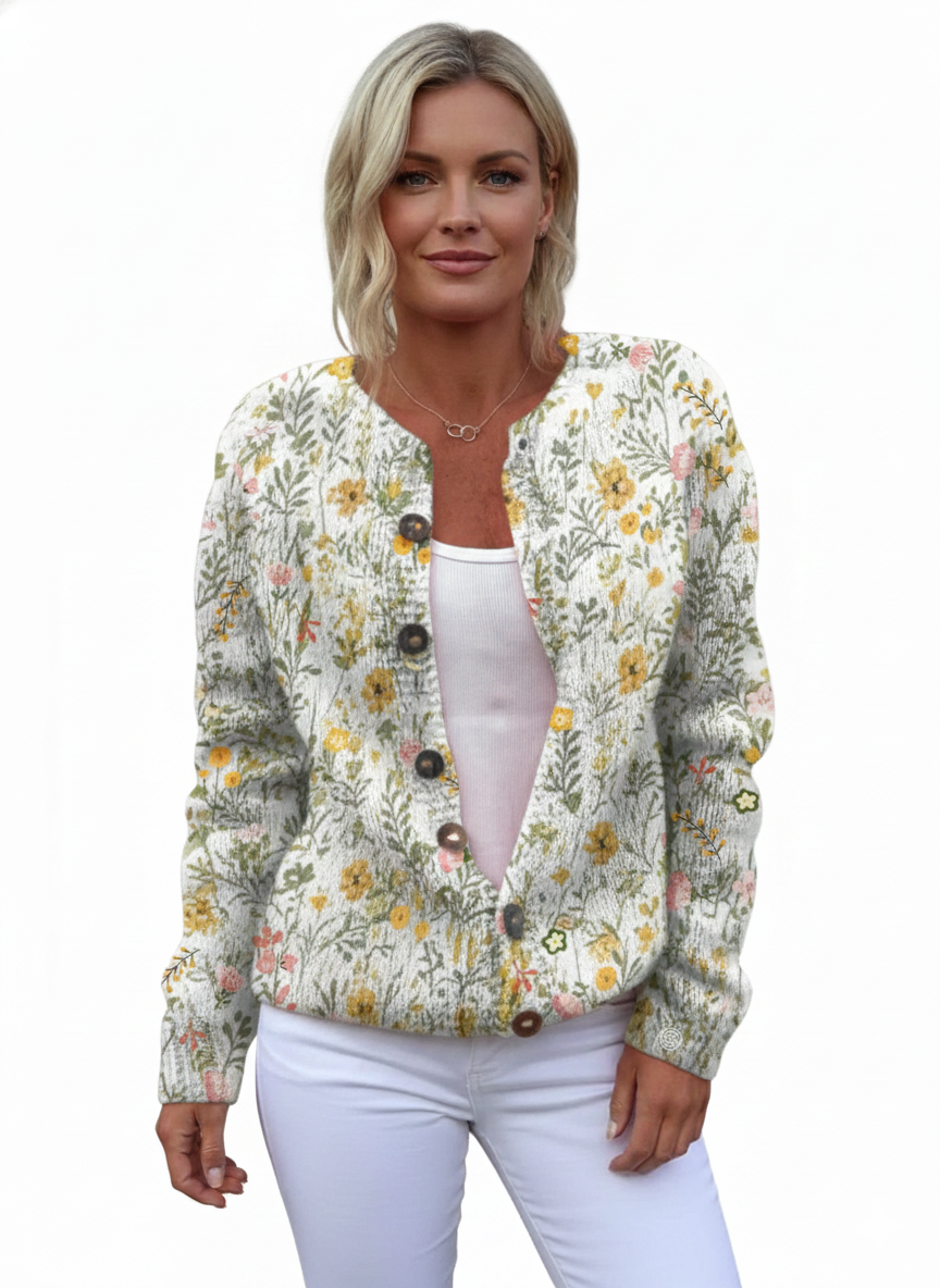 Women's Cardigan with Floral Pattern and Round Neckline