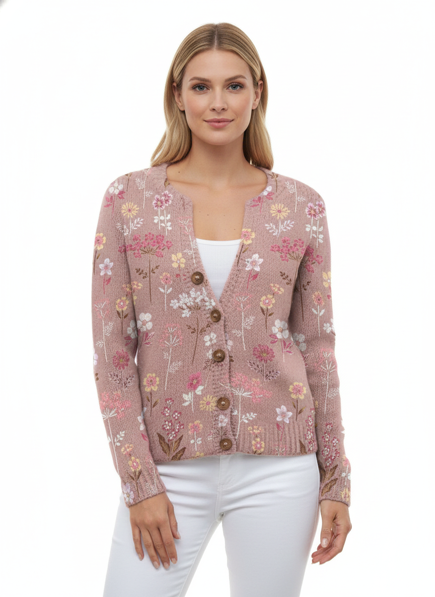 Women's Cardigan with Floral Pattern and Round Neckline