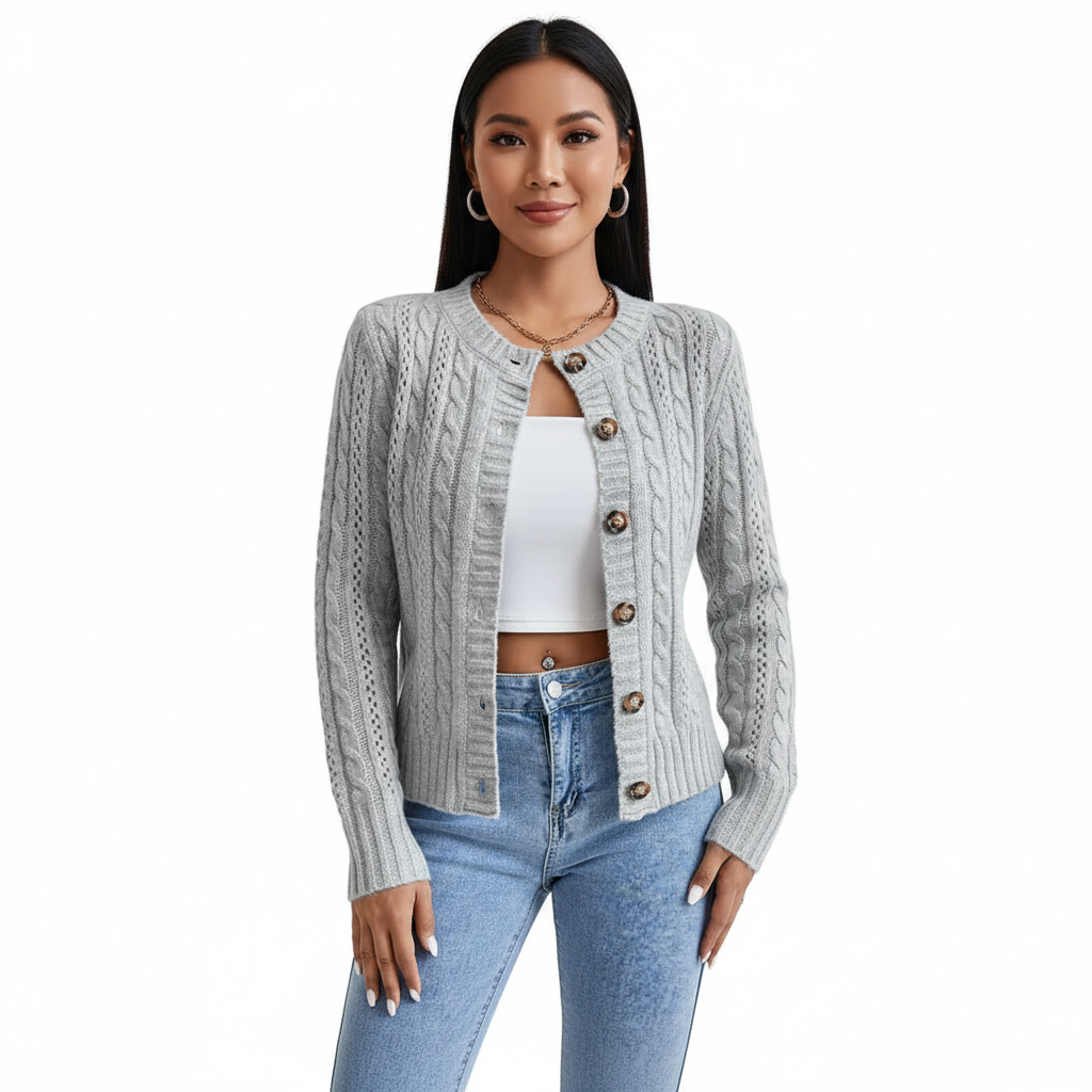 Women's Cardigan with Button-Front Closure and Long Sleeves