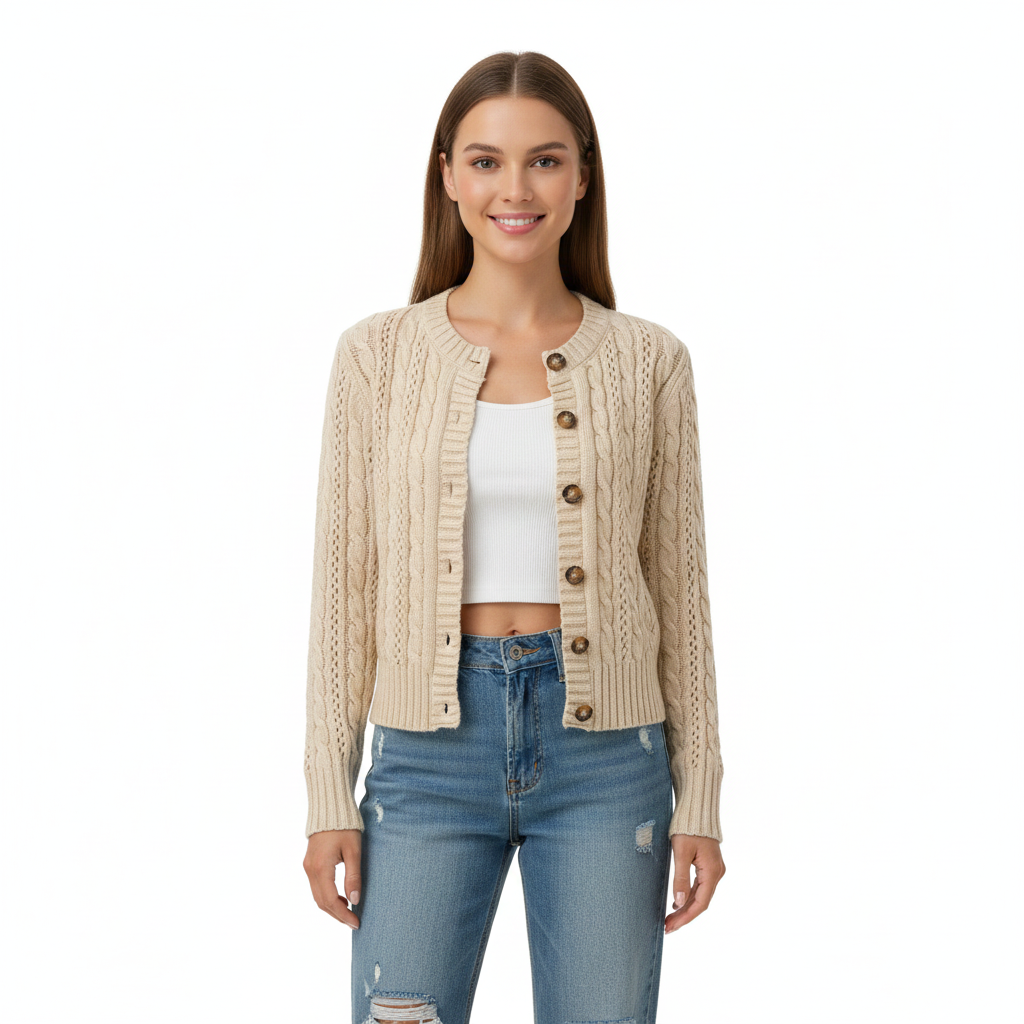 Women's Cardigan with Button-Front Closure and Long Sleeves