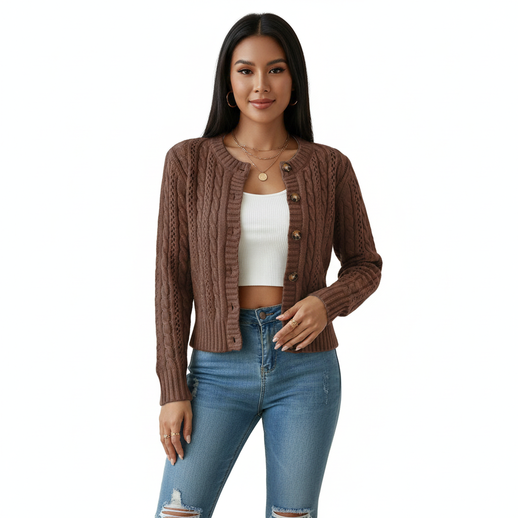 Women's Cardigan with Button-Front Closure and Long Sleeves